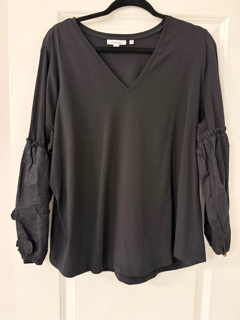 Chico's Black V-Neck Long Sleeve Top with Embroidered Balloon Sleeves
